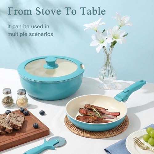 GIPP 11pcs Pots and Pans Set Non Stick, Nonstick Cookware Set Detachable Handle, Ceramic Pots for Cooking Non Stick with Removable Handle, RV Cookware Set for All Stoves, Light Blue Gradient - color: Light Blue Gradient, size: 11PCS