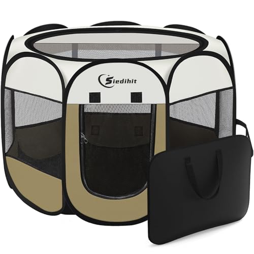 Siedihit Dog Cat Playpen, Small Puppy Pet Playpen, Dog Crate Tent Cage Indoor/Outdoor, Portable Pop Up Dogs Kennel Playpen with Carrying Case for Dogs/Cats/Rabbits(Khaki, Small) - color: Khaki