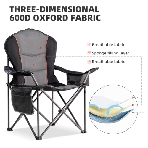 Large Camping Chair with Side Table Heavy Duty 500LBS - Folding Outdoor Chair with Cooler Bag (Black & Gray, 2 PCS) - color: Black & Gray, size: 2 Pcs