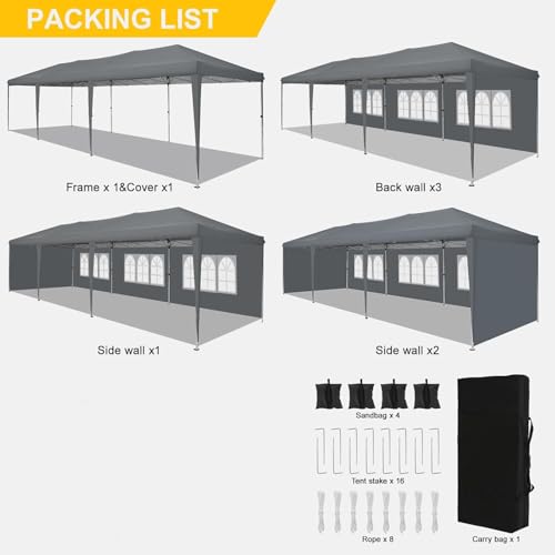 COBIZI 10x30 Pop Up Canopy Tent with 5 Sidewalls Party Tents for Parties Wedding Backyard Waterproof Outdoor Commercial Canopy Event with Sandbags, Gray - color: Gray, size: 10x30FT with 5 sidewalls
