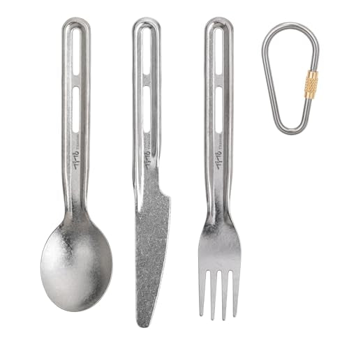 TiTo Titanium 3 Piece Cutlery Set, Ultralight Portabale Titanium Fork Spoon & Knife Tableware for Outdoor Camping Hiking Backpacking Travel Picnic Flatware with Titanium Carabiner (Silvery) - color: Silver
