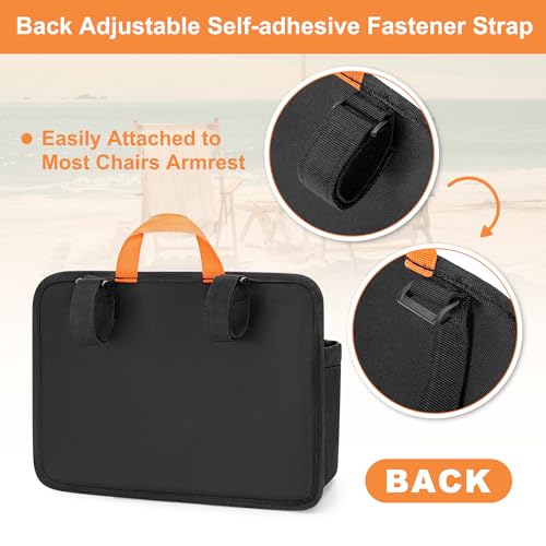 Beach Chair Cup Holders, Arm Organizer for Camping with 2 Self-Adhesive Fastener Strap, Hanging Bag Insulation with 4 Pockets, Camp Chair Accessories for Water Bottle, Magazine, Black, Patent Design - size: M