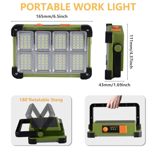 YXQUA 120W Solar Rechargeable Work Light, 144 LED Portable Flood Light with Stand, IP66 Waterproof 4 Modes LED Job Site Lighting Flashlights for Mechanic Camping Fishing Car Repair(Green 1 Pack) - style: Green 1 Pack