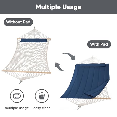 SUNCREAT Hammocks Outdoor Double Hammock with Hardwood Spreader Bar, Heavy Duty Cotton Rope Hammock with Polyester Pad, Dark Blue - color: Dark Blue