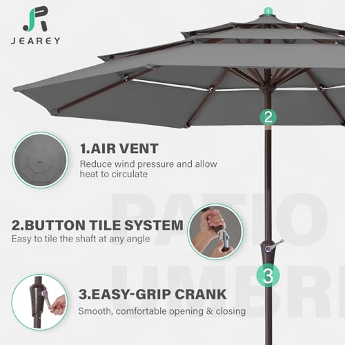 JEAREY 9FT 3 Tier Patio Umbrella Outdoor Market Umbrella Table Umbrellas with 8 Ribs 1.5 Pole Push Button Tilt and Crank UV Protection for Garden,Backyard,Gray - color: Gray