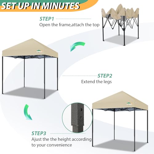 COBIZI 6.6x6.6ft Pop Up Canopy Tent, Heavy Duty Canopy Easy Set up All Weather Waterproof Outdoor Canopy Tent for Parties, Beach, Garden, Camping with 1 Handbag, 3 Adjustable Heights, UPF50+, Khaki - color: Khaki, size: 6.6x6.6 Without Sidewalls