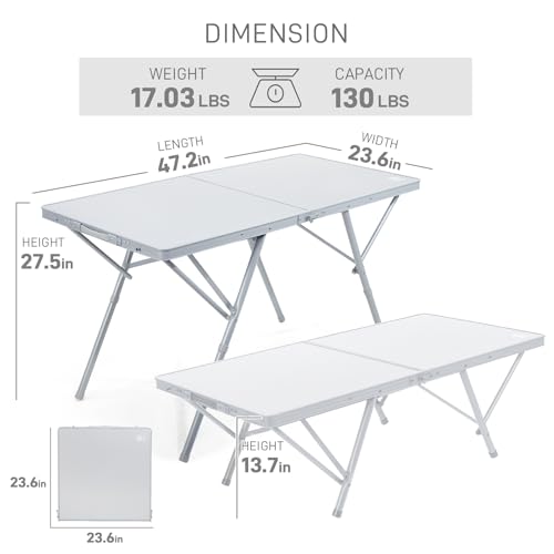 EVER ADVANCED Large Camping Table for 4-6 Person, Portable Folding Aluminum Table with Carrying Handle, Suitable for BBQ, Picnic, Camping and Indoor Use, Support up to 130LBS, Silver - color: Silver