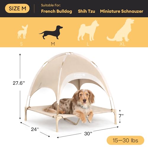 FUNNY FUZZY Elevated Cooling Dog Bed with Canopy(30"x24"x7"), Khaki, Outdoor Raised Dog Cot with Shade, Cooling Breathable Mesh Pet Bed, Portable Waterproof Dog Camping Bed for Large Medium Small Dogs - color: Khaki, size: Medium