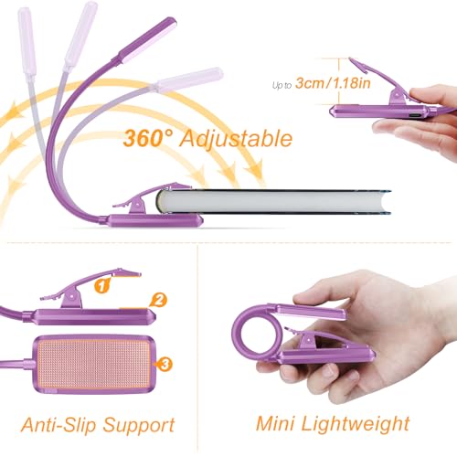 Gritin 9 LED Rechargeable Book Light for Reading in Bed - Eye Caring 3 Color Temperatures,Stepless Dimming Brightness,80 Hrs Runtime Small Lightweight Clip On Book Reading Light-Dark Purple - color: Dark Purple