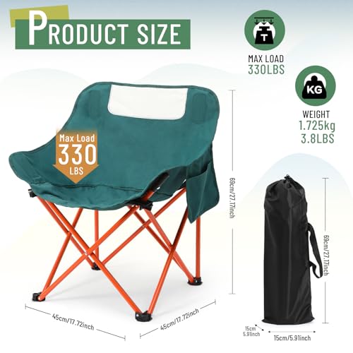 2 Pack Compact Camping Chairs Portable Folding for Outside with Carry Bag Lightweight Moon Chairs for Travel Picnic Hiking Beach Fishing, 600D Oxford, Supports 330lbs(Green) - color: Green
