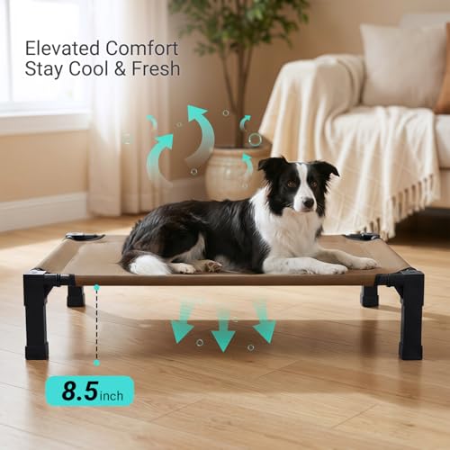 Niubya Elevated Outdoor Dog Bed, Cooling Elevated Pet Cot, Steel-Framed and Non-Slip Feet, Raised Dog Bed with Waterproof, Washable, Breathable Teslin Mesh, 42in - color: Brown, size: 42"L x 30"W x 8.5"H
