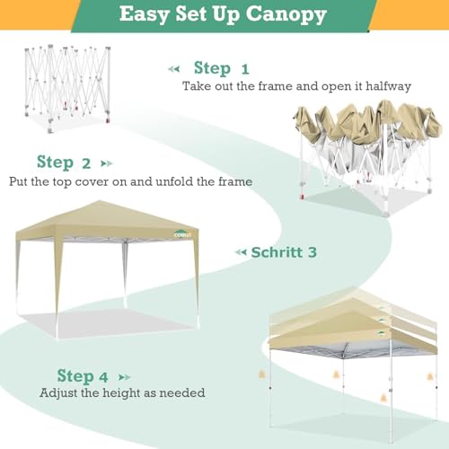 COBIZI 10x10 Pop Up Canopy Tent Without Sidewall, UPF 50+ Waterproof Outdoor Canopy, Instant Tent Portable Canopies Gazebo for Commercial Sun Shade Party Backyard with 4 Sandbags(Khaki) - color: Khaki, size: 10x10FT without sidewall