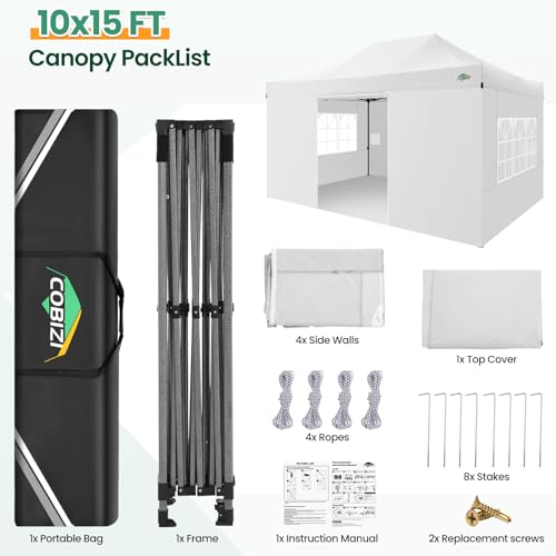 COBIZI 10x15 Pop up Canopy Gazebo 3.0, Easy up Heavy Duty Canopy with 4 Removable Sidewalls, High Stability, All Weather Sunshade 100% Waterproof Outdoor Canopy Tents, White - color: White, size: 10x15 with 4 sidewalls