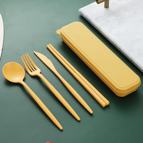 Reusable Travel Utensils Set with Case, Wheat Straw Portable Plastic Fork Spoon Knife Chopsticks Camping Cutlery, Eco-Friendly BPA Free Tableware Picnic Flatware for Kids Adults or Daily Use (Yellow)