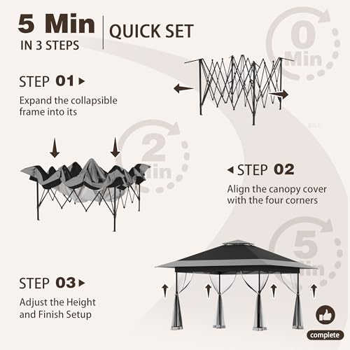 Bezseller 13x13 Pop Up Gazebo with Mosquito Netting – Easy 1-Person Setup, Water-Resistant Backyard Canopy for Family Patio & Garden Use, Black - color: Black, size: 13"x13"