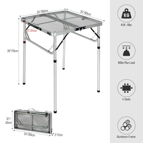 REDCAMP 24" Square Folding Grill Table for Outside, Lightweight Portable Metal Aluminum Outdoor Grill Table with Adjustable Height Legs, Great for Camping Picnic Cooking BBQ, Silver 2ft - color: Silver, size: Square-2ft