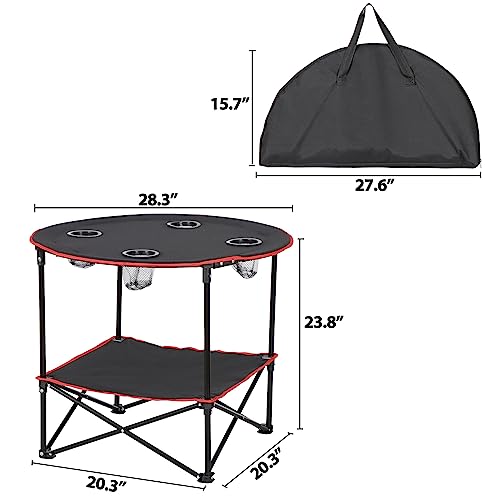 HomGarden 28" Portable Folding Picnic Table Outdoor Camp Table Round 2-Tier with 4 Cup Holders,Portable Tables Folding for BBQ Fishing Beach Table for Party Black
