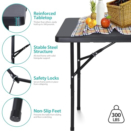 JupiterForce 4ft Folding Table, Indoor Outdoor Portable Plastic Picnic Table, Heavy Duty Rectangular Party Camping Dining Table with Carrying Handle, Black - color: Black, size: 4ft