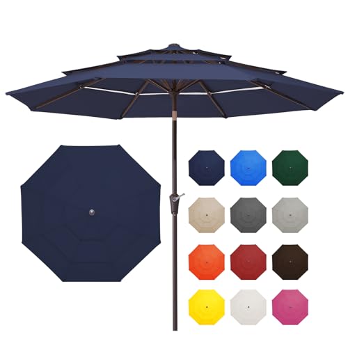 JEAREY 9FT 3 Tier Patio Umbrella Outdoor Market Umbrella Table Umbrellas with 8 Ribs 1.5 Pole Push Button Tilt and Crank UV Protection for Garden,Navy - color: Navy