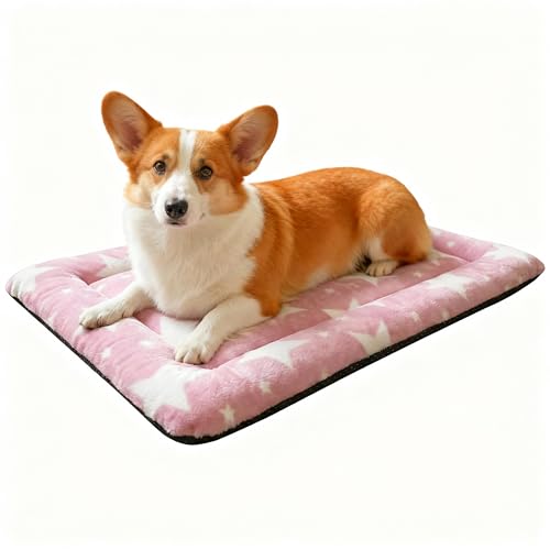 Washable Dog Bed Mat With Anti-Slip Bottom, Deluxe Plush Memory Foam Crate Pad & Waterproof Outdoor Kennel Mat For Dogs & Cats-Durable Crates Beds, Large Medium Small Puppy Size 24" x 18",pink - color: Pink-Star, size: Upgraded S（24" L x 18" W x 1.5" Th）