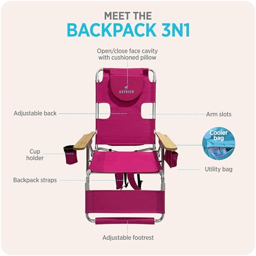 Ostrich the Woody Backpack 3N1 Portable Chair with Cooler Bag and Reclining Lounger for Tanning, Camping, Beach, and Outdoor Essential, Pink - color: Pink, style: Backpack 3N1 Wood Arms