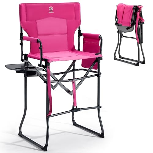 EVER ADVANCED Portable 30.7" Seat Height Tall Folding Camping Chair Directors Chair High Foldable Bar Stool with Side Table for Makeup Artist, Sports Event, Craft Show, Supports 350LBS - color: Pink