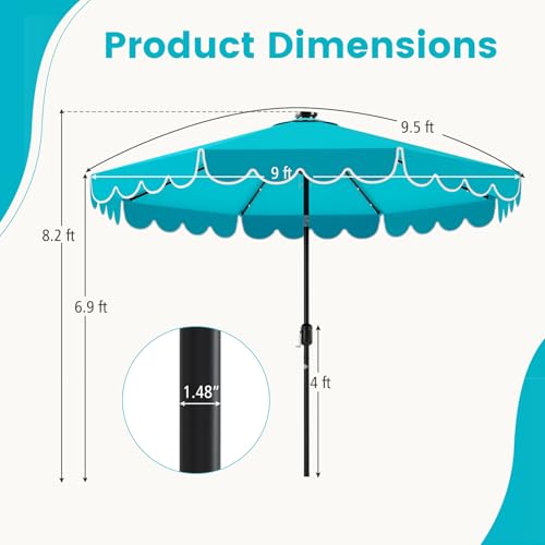 Tangkula 9 FT Solar Patio Umbrella, 2-Tiers Scalloped Outdoor Table Market Umbrella with 32 LED Lights, Vented Top, Tilt Adjustment, Crank, 8 Ribs for Backyard Poolside Deck Beach Lawn (Turquoise) - color: Turquoise, size: 9Ft