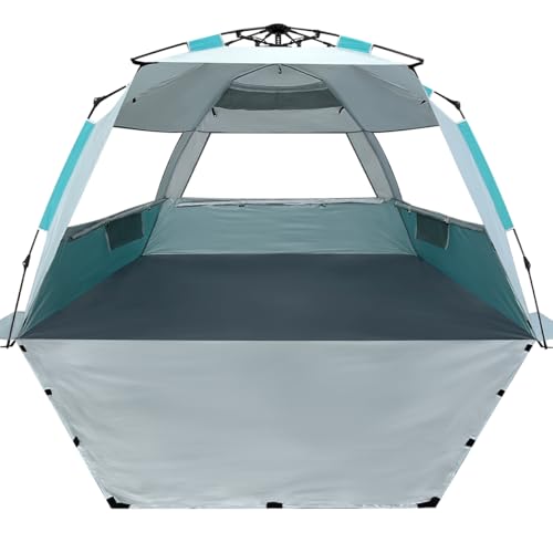 WhiteFang Deluxe Pop Up Beach Tent Sun Shade Shelter for 3-4/5-6 Person, UV Protection, Extendable Floor with 3 Ventilating Windows Plus Carrying Bag, Stakes, and Guy Lines - color: Mint Beige, size: X-Large