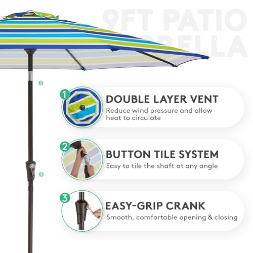JEAREY 9FT Outdoor Patio Umbrella Outdoor Table Umbrella with Push Button Tilt and Crank, Market Umbrella 8 Sturdy Ribs UV Protection Waterproof for Garden, Deck, Backyard, Pool (Blue-Green Stripe) - color: Bold Blue & Green Stripe