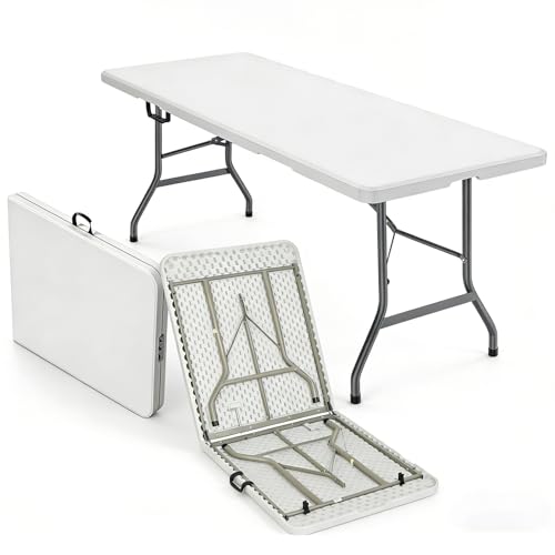 6FT Heavy Duty Folding Table, Portable Plastic Utility Table with Locking Legs & Handle, Indoor Outdoor Commercial Table for Watch Party, Tailgate, BBQ, Camping, Events, Backyard Dining White | Heavy Duty, Portable, Indoor/Outdoor, Plastic Table, for Part