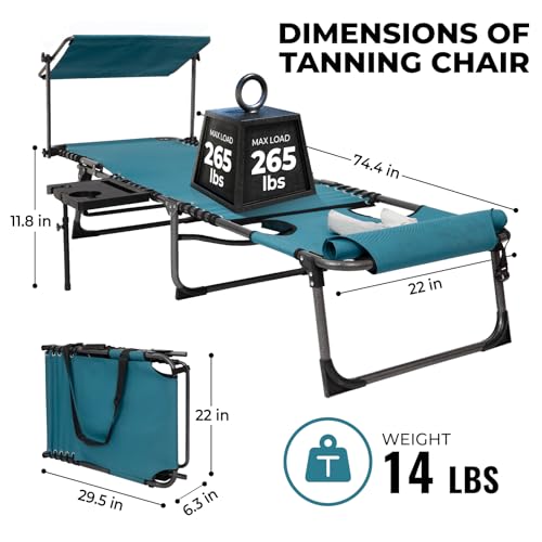 FUNDANGO 4 in 1 Tanning Chair with Face Hole, Beach Lounge Chair w/Canopy Shade & Side Table Chaise Lounge Chairs for Patio, Pool, Lawn, Sunbathing, 5-Position Adjustable Sun Lounger, Cyan - color: #Ucp 1 Pack Cyan, style: UltimateComfort Pro 5 Position C