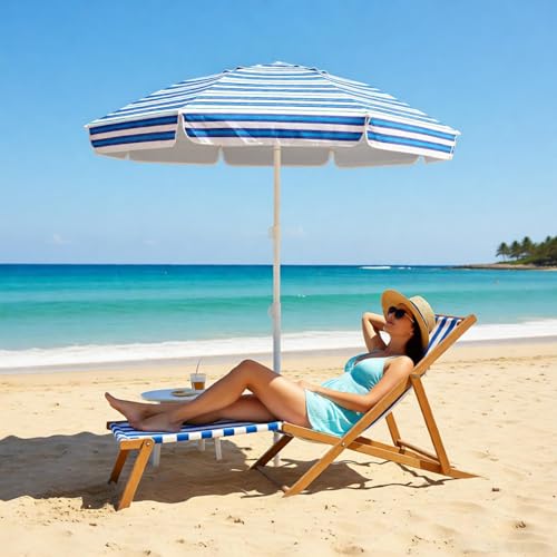 LOTTAFUN 6.5ft Beach Umbrella - Heavy Duty Wind Resistant UV 50+ Portable Sun Shade with Sand Anchor & Carry Bag, Outdoor Folding Umbrella for Beach, Pool, Patio, Garden (Blue diagonal strip) No Tilt - color: Blue diagonal strip