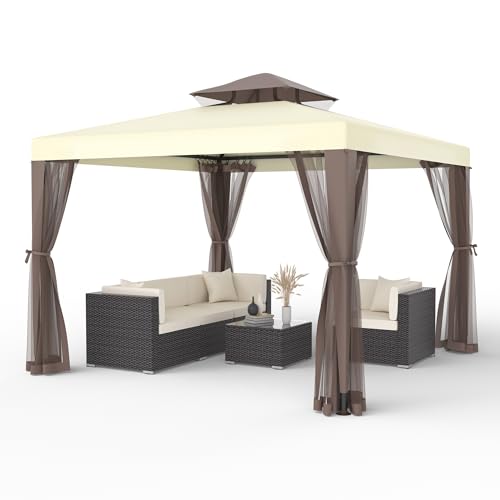 Gazebo, 10'x10' Patio Gazebo Outdoor Waterproof Canopy Tent UV-Resistant 2-Tier Top Sturdy Canopy Shelter Tent for Camping with Removable Netting for Garden Patio Backyard (Beige & White, 10' x 10') - color: Beige & White