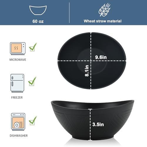 Wrova 65oz Large Salad Bowls Black - Wheat Straw Salad bowls Set of 4 - Unbreakable Salad Bowls Dishware & Microwave Safe - BPA Free Bowls for kitchen,camping - color: Black, size: 4 Pack