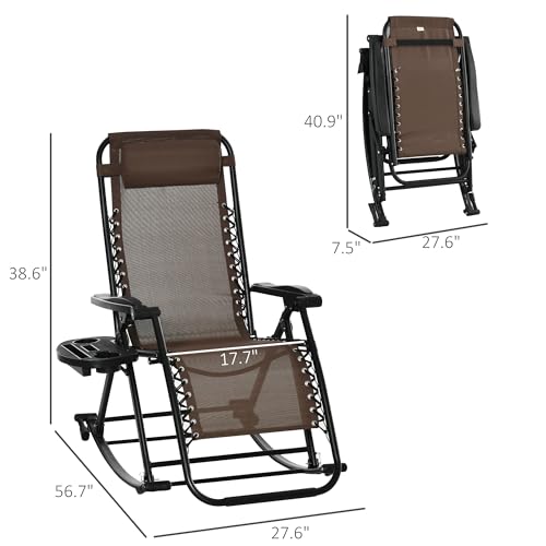 Outsunny Outdoor Rocking Chairs, Foldable Reclining Zero Gravity Lounge Rocker with Pillow, Cup & Phone Holder, Combo Design with Folding Legs, Brown - color: Brown, size: 1 Pack