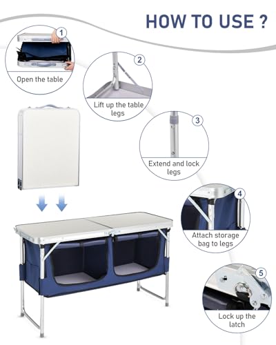 Outvita Folding Table, 4FT Aluminum Camping Table with Large Storage Space and Adjustable Height Picnic Table Lightweight for Carring Outdoor Party Events Beach - color: White, style: With blue storage bag