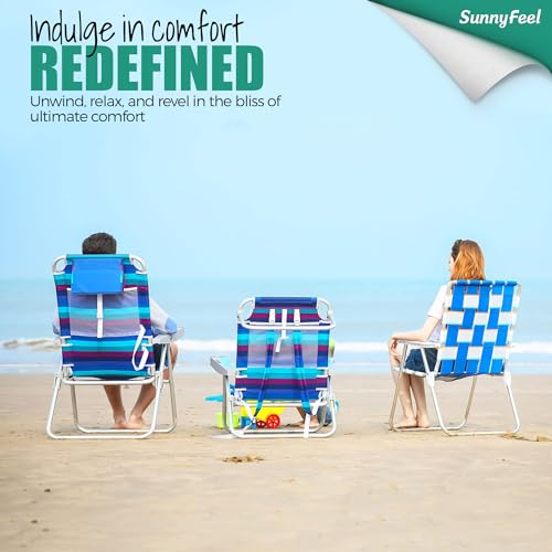 SUNNYFEEL Extra Wide Low Beach Chair 2 Pack 5 Position Lay Flat 500 LBS Heavy Duty, XL Oversized Folding Camping Chairs with Cup Holder for Outdoor/Sand, Portable Backpack Beach Chair for Adults - color: Blue Wave, size: 2-PACK