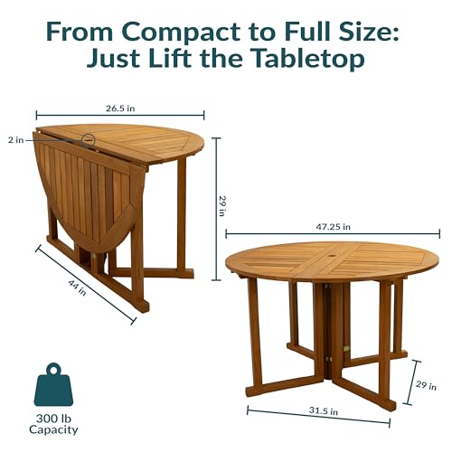 Sunnydaze Malaysian Wood Folding Patio Table - Space-Saving Gateleg Table with Umbrella Hole for Outdoor Dining & Gatherings - Teak Oil Finish