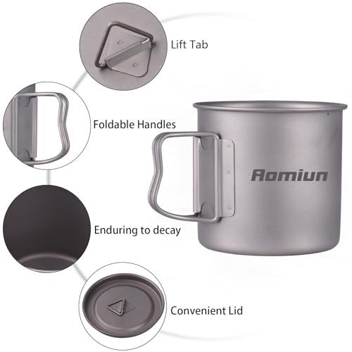 Titanium Camping Cookware Cup/Burner Combination 500ml Titanium Cup with Foldable Handle & Lid Spork Spoon Alcohol Stove Windscreen, Camping Cooking Stove and Cup Set for Backpacking