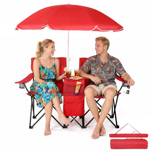 Outvita Folding Double Camping Chair w/Umbrella Beverage Holder Carrying Bag Cooler Fold Up Table, Large Bearing Capacity for Beach Patio Pool Park Outdoor Red - color: Red
