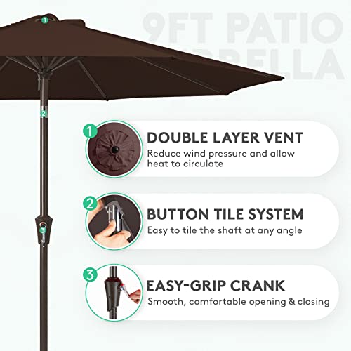 JEAREY 9FT Outdoor Patio Umbrella Outdoor Table Umbrella with Push Button Tilt and Crank, Market Umbrella 8 Sturdy Ribs UV Protection Waterproof for Garden, Deck, Backyard, Pool (Brown) - color: Brown