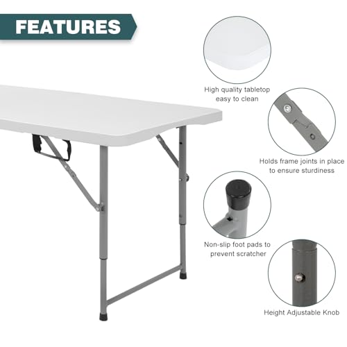 FDW 4 Foot Outdoor Dining Table, Foldable Portable Rectangular Plastic Folding Table with Built in Carrying Handle and Height Adjustable for Party and Wedding Use, White - color: White, size: 4 FT