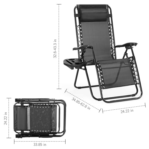 Sweetcrispy Zero Gravity Chairs, Set of 4 Portable Recliner Beach Camping Patio Outdoor Folding Lounge Chair with Cup Holder Trays and Adjustable Pillow for Poolside, Garden, Backyard, Lawn (Black) - color: Black-4p
