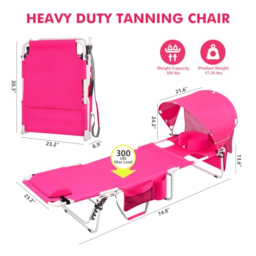 Tanning Chair with Sun Canopy Face Hole Softer Padded Adjustable Washable, Heavy Duty Layout Folding Lounge Chair for Adults Outside Beach Reading Sunbathing Poolside, UPF 50+ Sun Shade, Pink, 300 LBS - color: Pink, size: Standard Size