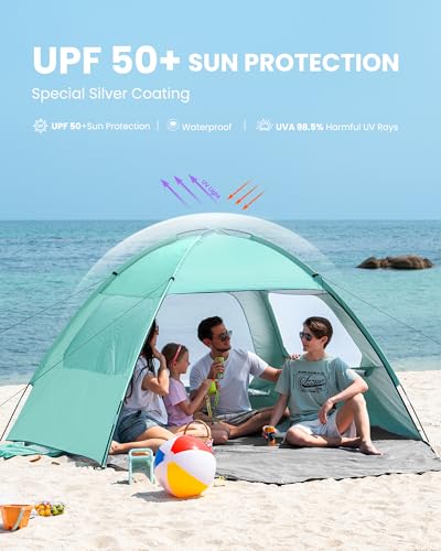 OutdoorMaster Beach Tent for 3/4/6/8 Person - Easy Setup Sun Shade Shelter, Portable Beach Shade Sun Canopy with UPF 50+ UV Protection, Removable Skylight Family Size - color: Green, size: 4 Person