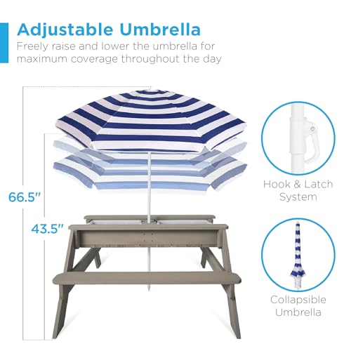 Best Choice Products Kids Picnic Table with Umbrella, 3-in-1 Sand & Water Table, Outdoor Convertible Picnic Table for Toddlers, Seats 4, Removable Top, 2 Buckets - Gray/Navy - color: Gray/Navy