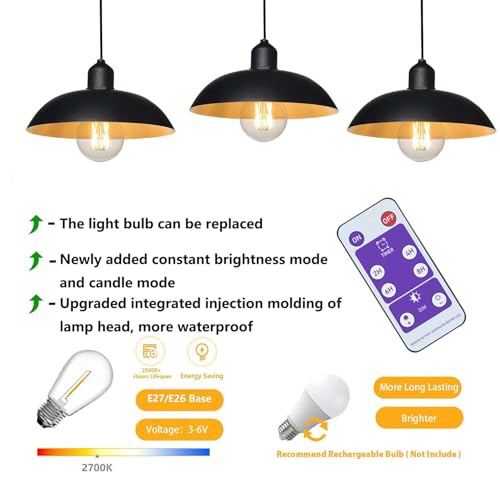 3X Battery Operated Outdoor Chandelier for Gazebo Pendant Light Industrial Hanging Lamp with Remote Decorative Lights Lantern Indoor Powered by 4*AA Batteries for Porch Pavilion Camping