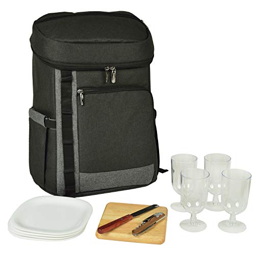 Picnic at Ascot Cooler Backpack for 4 with Plates, Glasses, Hardwood Board, Cheese Knife & Corkscrew - Large 30 Can Capacity- Lightweight, Insulated & Leak-Proof - size: Charcoal with picnic accessories