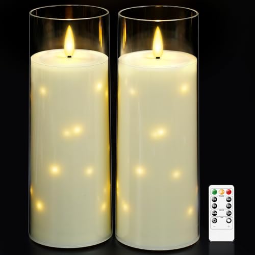 kakoya 11" x 4" Large Outdoor Waterproof Flameless LED Candles with Remote and Timer,Acrylic Pillar Candles Battery Operated with Embedded Star String for Porch,Patio,Outdoor Decor,Set of 2(Ivory) - color: Ivory, size: 2PCS-D4"xH11"