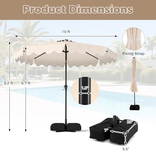 Tangkula 10 FT Solar Patio Umbrella with Base Included, 2-Tiers Outdoor Scalloped Table Umbrella with 32 LED Lights, 2 Sandbags, Tilt Adjustment, Crank, 8 Ribs for Market Backyard Pool Deck Beach Lawn (Beige, 10 FT) - color: Beige, size: 10 FT